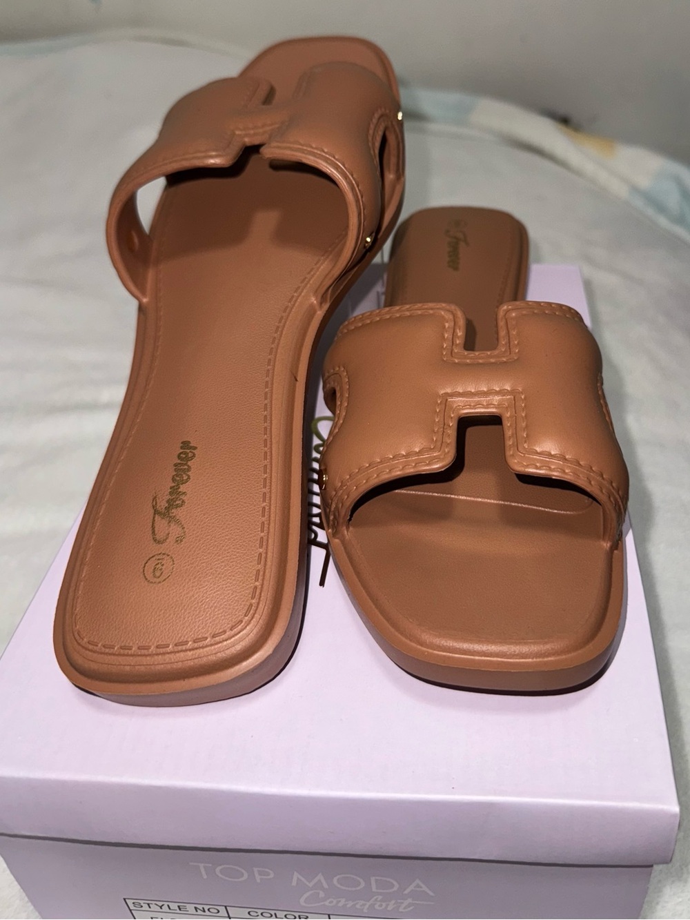 TOP Moda Tan Slide Sandals with Cutout Strap